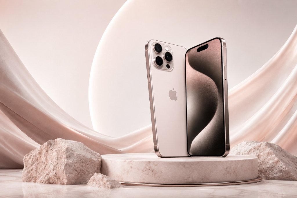 Luxury iPhone on sandstone pedestal with draped silk background
